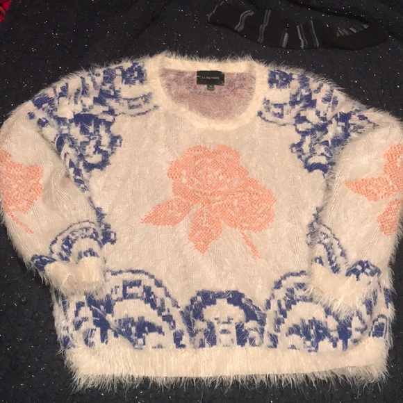 Anthropologie Sweaters - Fluffy White and Blue Sweater with Floral Design